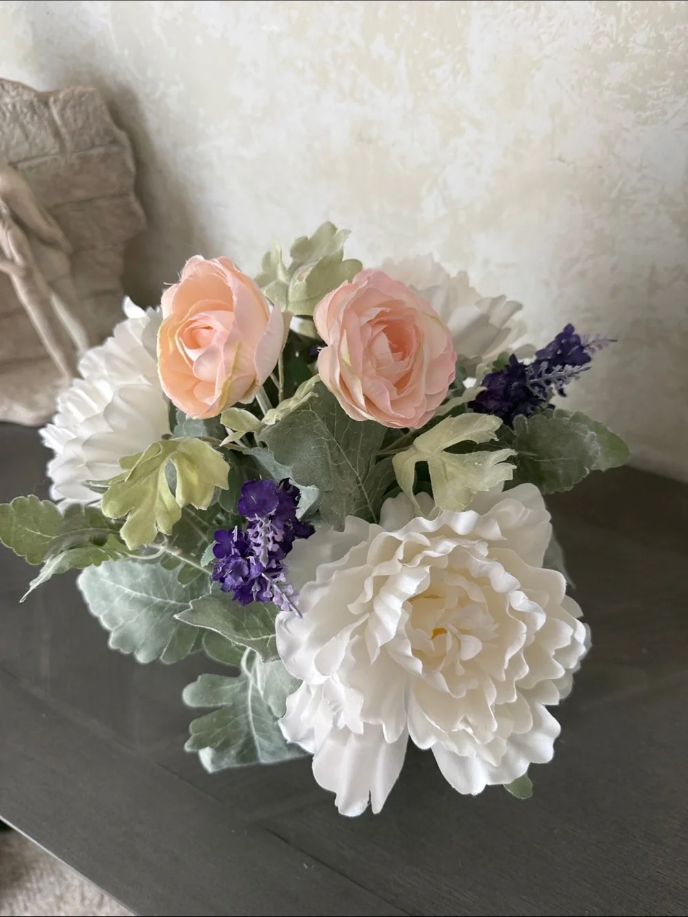 Cream Peony and Lavender Faux Floral Arrangement in Cream Pot